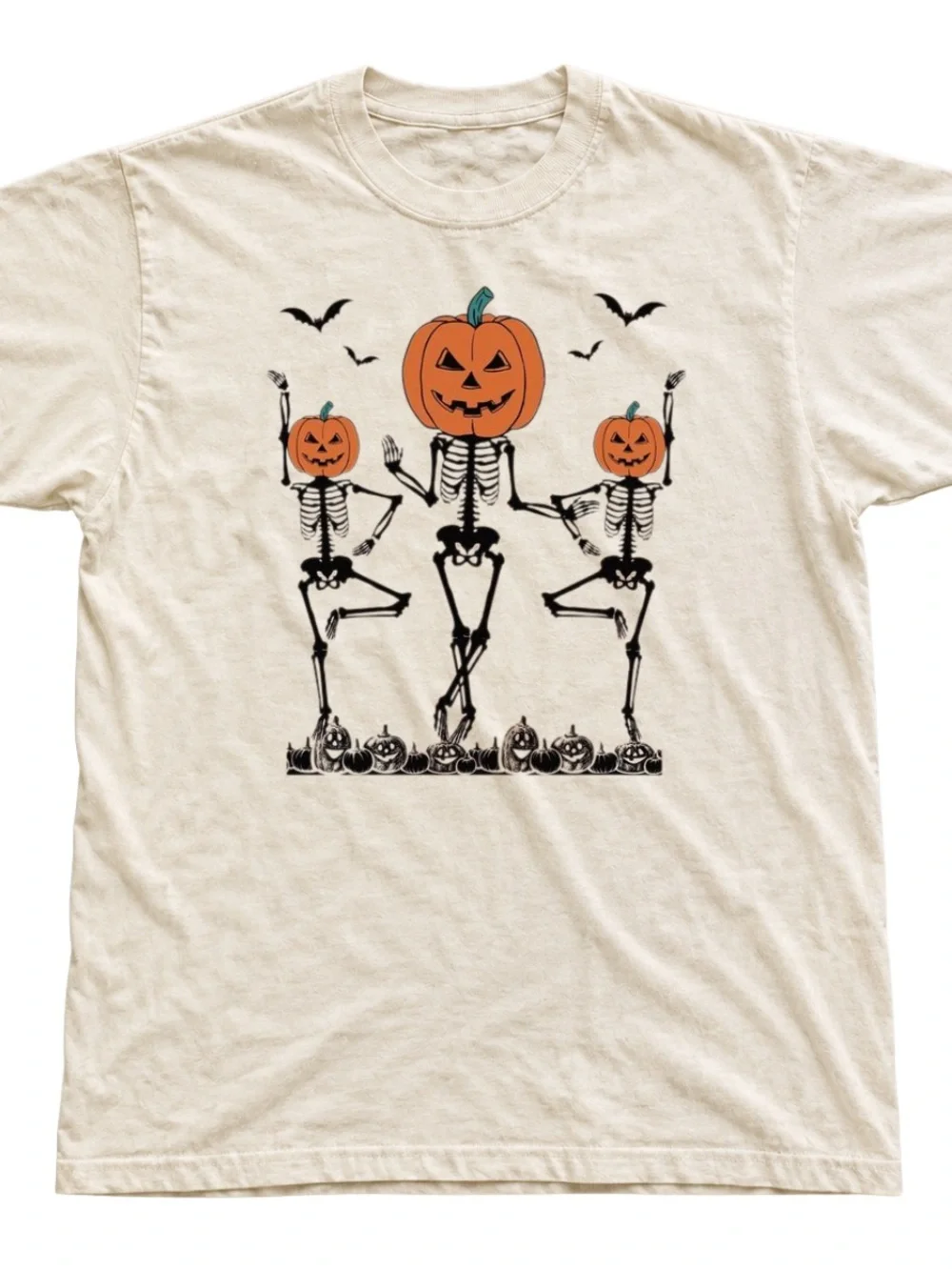 Unisex Tee Shirt | Off White Halloween Skeletons & Pumpkins Short Sleeve Tee
